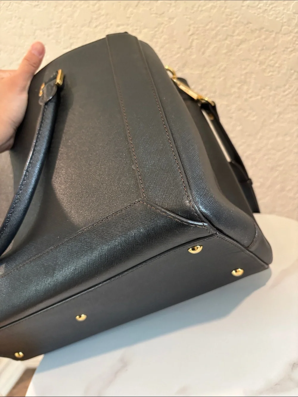 MCM Black Structured Satchel Bag with Gold Hardware